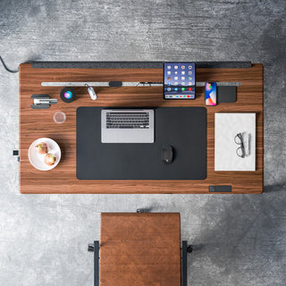 solid wood standing desk workspace setup