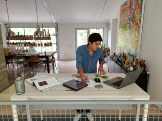 standing desk film production workspace