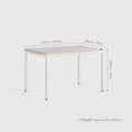 White tenon mini table with dimensions labeled on a light gray background