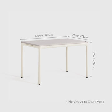 White tenon mini table with dimensions labeled on a light gray background