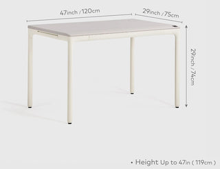 White tenon mini table with dimensions labeled on a light gray background