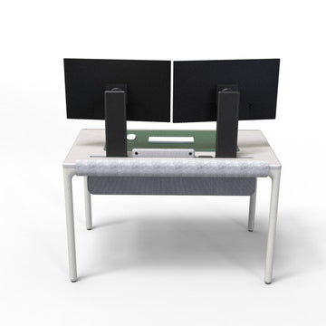White tenon mini desk with two computer monitors on a white background