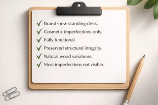 Wooden clipboard with a list of standing desk specifications on a light background