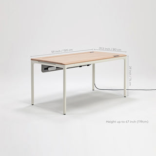 beflo Tenon Adjustable height desk with dimensions on a white background